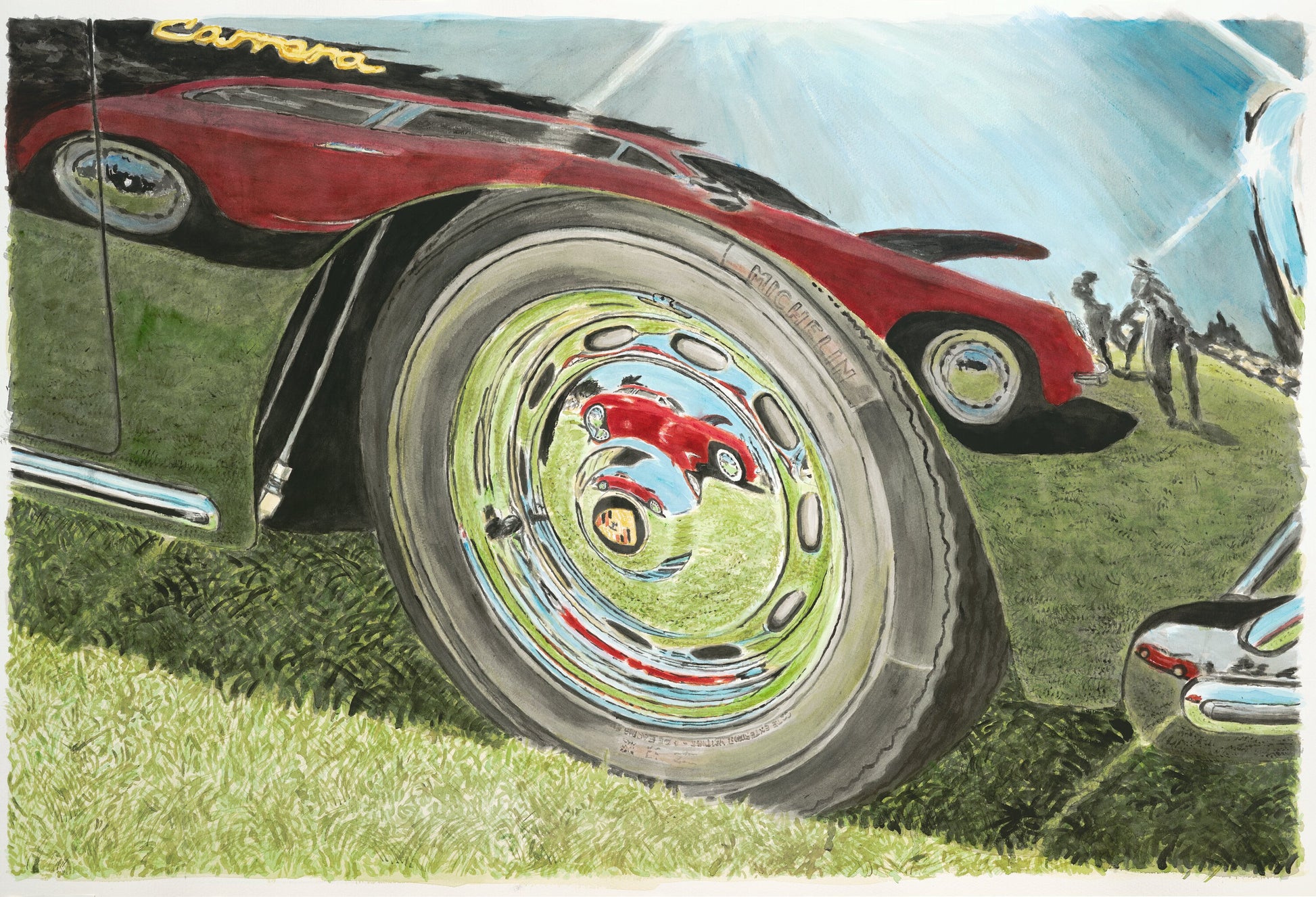 Watercolor painting of a Porsche 356 Carrera reflected in chrome, focusing on the wheel, bodywork, and layered reflections.