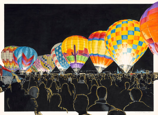 Watercolor painting of hot air balloons glowing at night during Dawn Patrol at the Albuquerque International Balloon Fiesta.