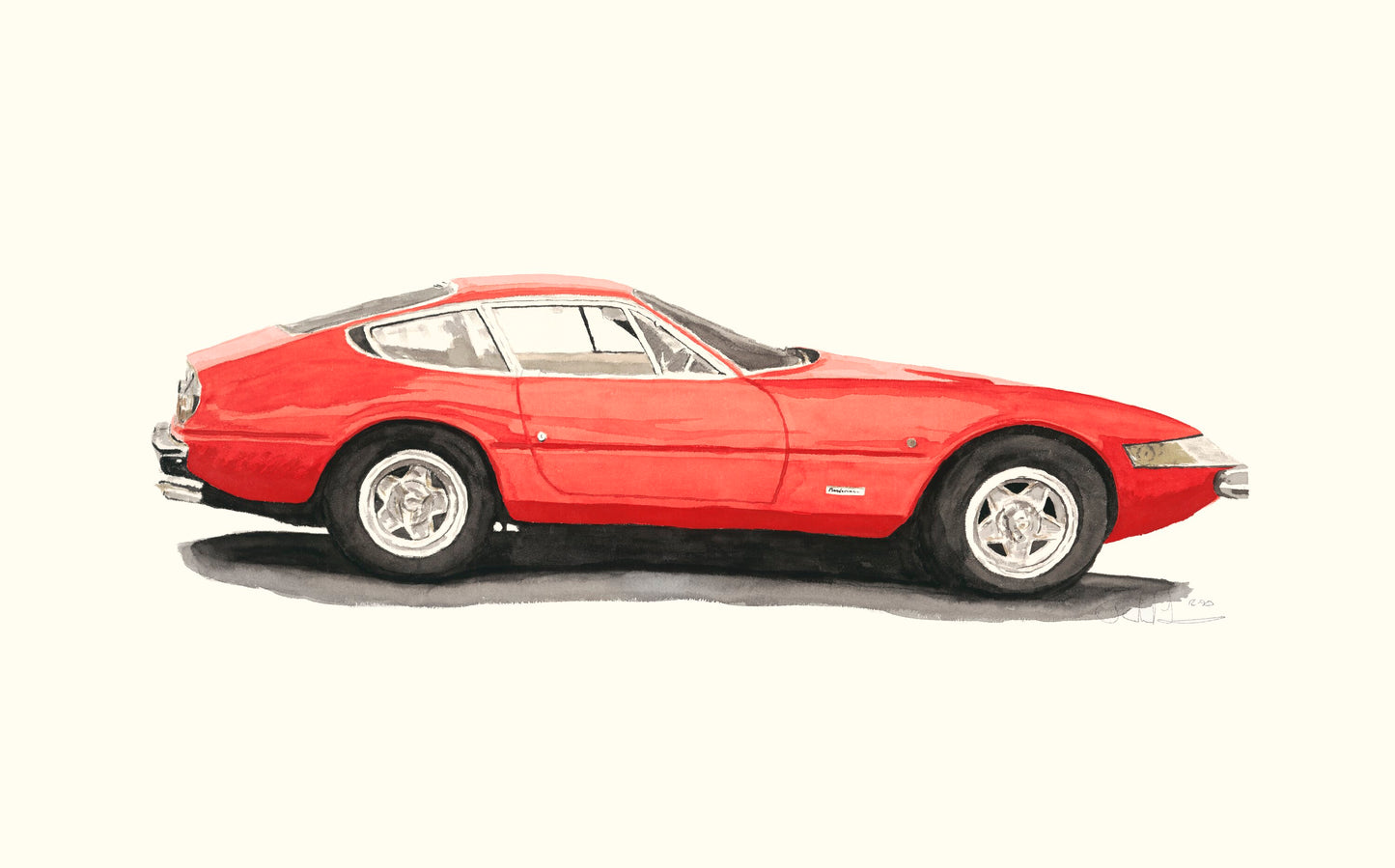 Watercolor painting of a red Ferrari 365 GTB/4 Daytona, shown in side profile with classic Italian grand touring proportions.