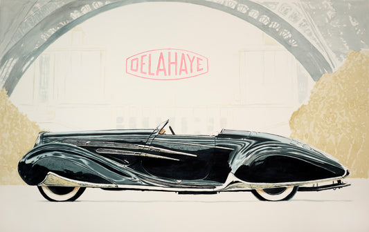 Watercolor painting of a black Delahaye 135 MS Figoni et Falaschi Cabriolet/Roadster beneath the Eiffel Tower.