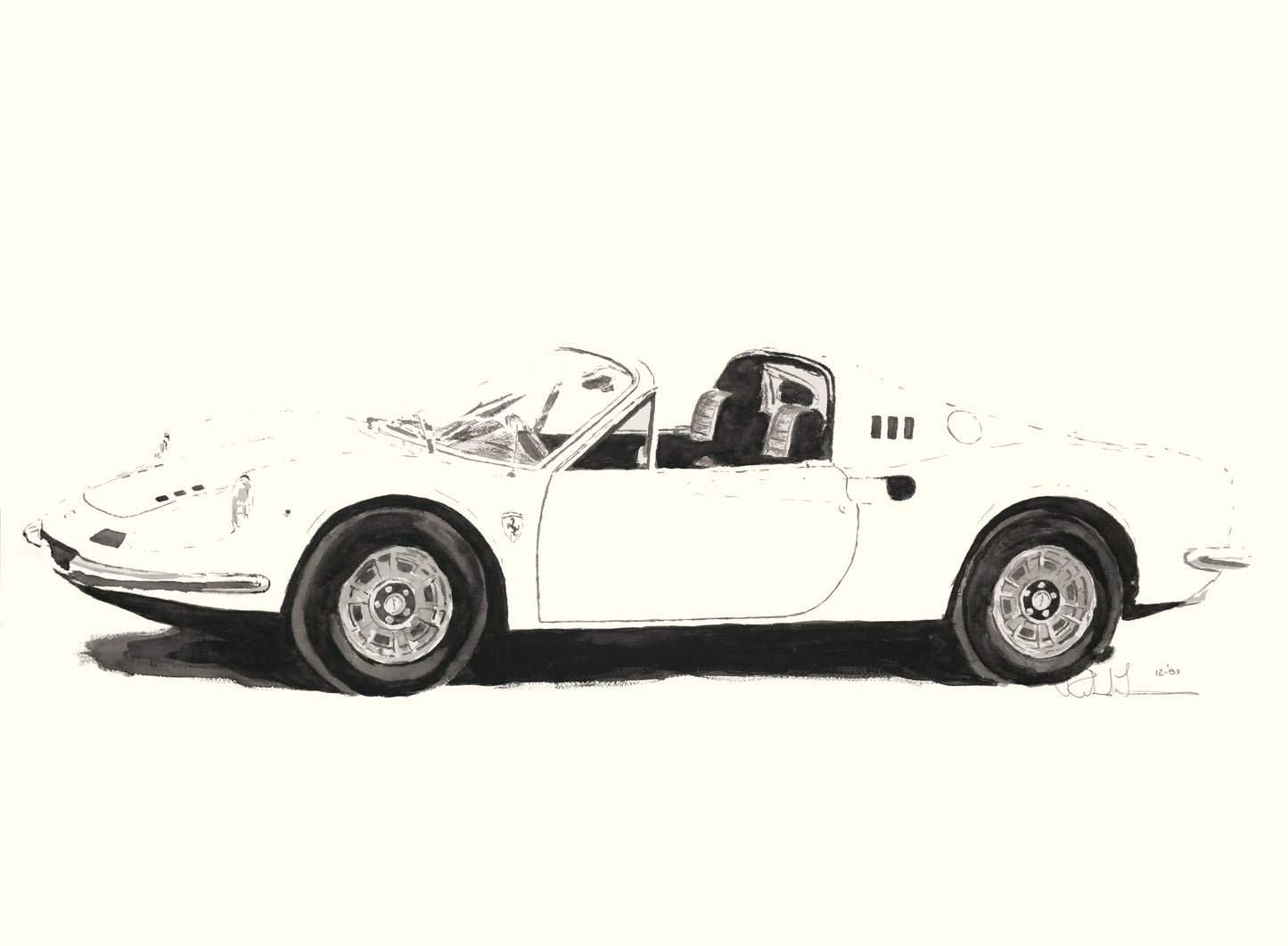 Dino 246 GTS Black and White Watercolor