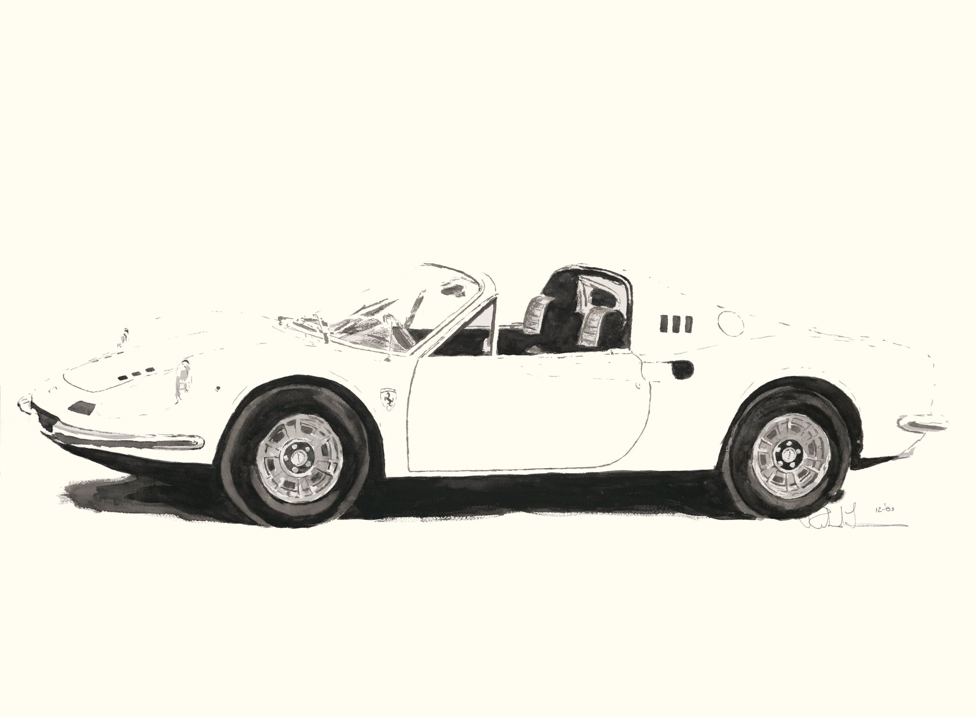 Dino 246 GTS Black and White Watercolor
