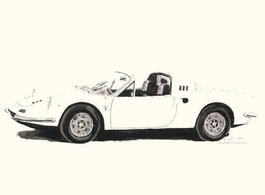 Dino 246 GTS Black and White Watercolor
