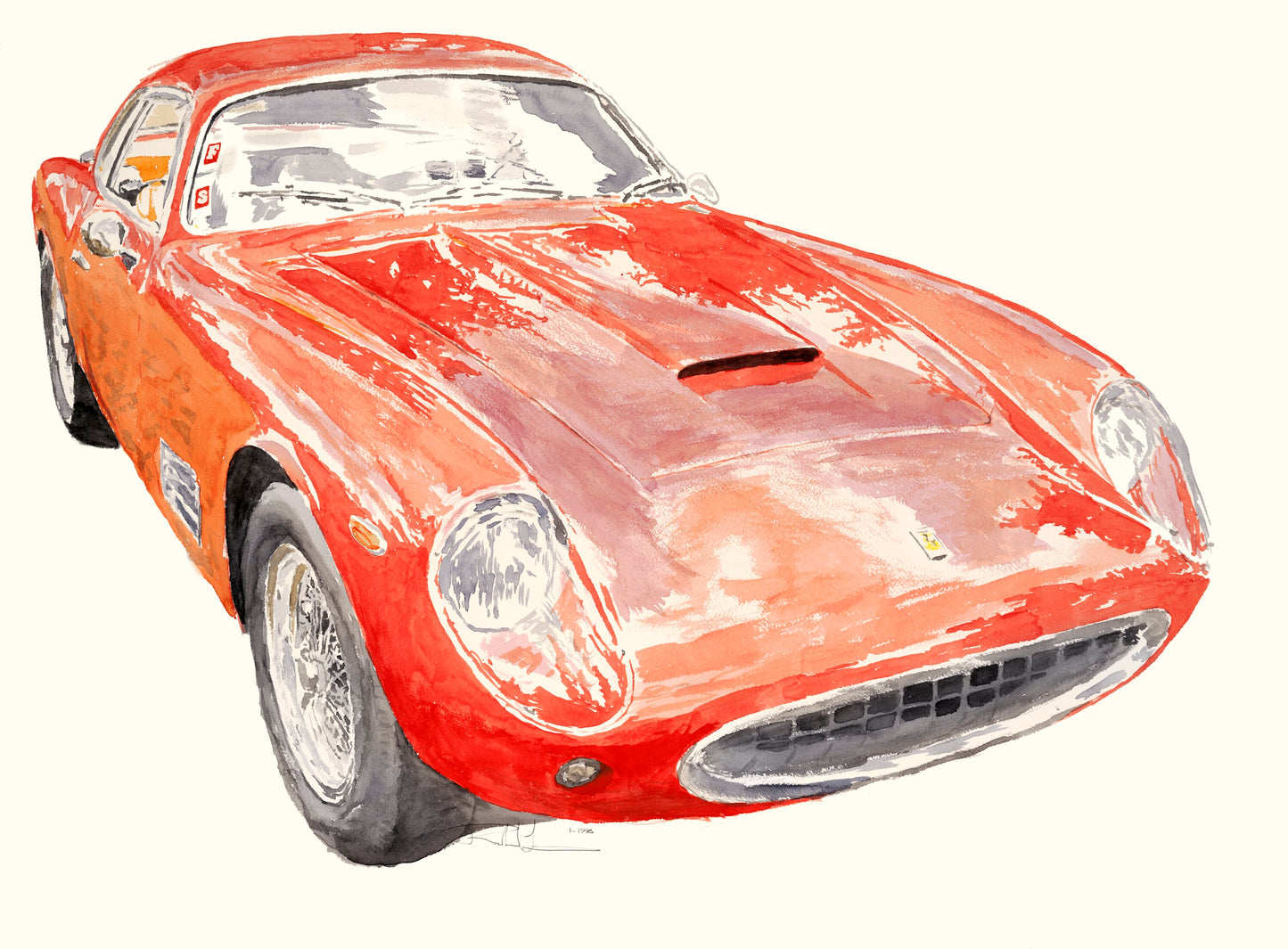 Watercolor painting of a red Ferrari 275 GTB4, shown from the front with rounded headlights, chrome bumper, grille, and Italian grand touring form.