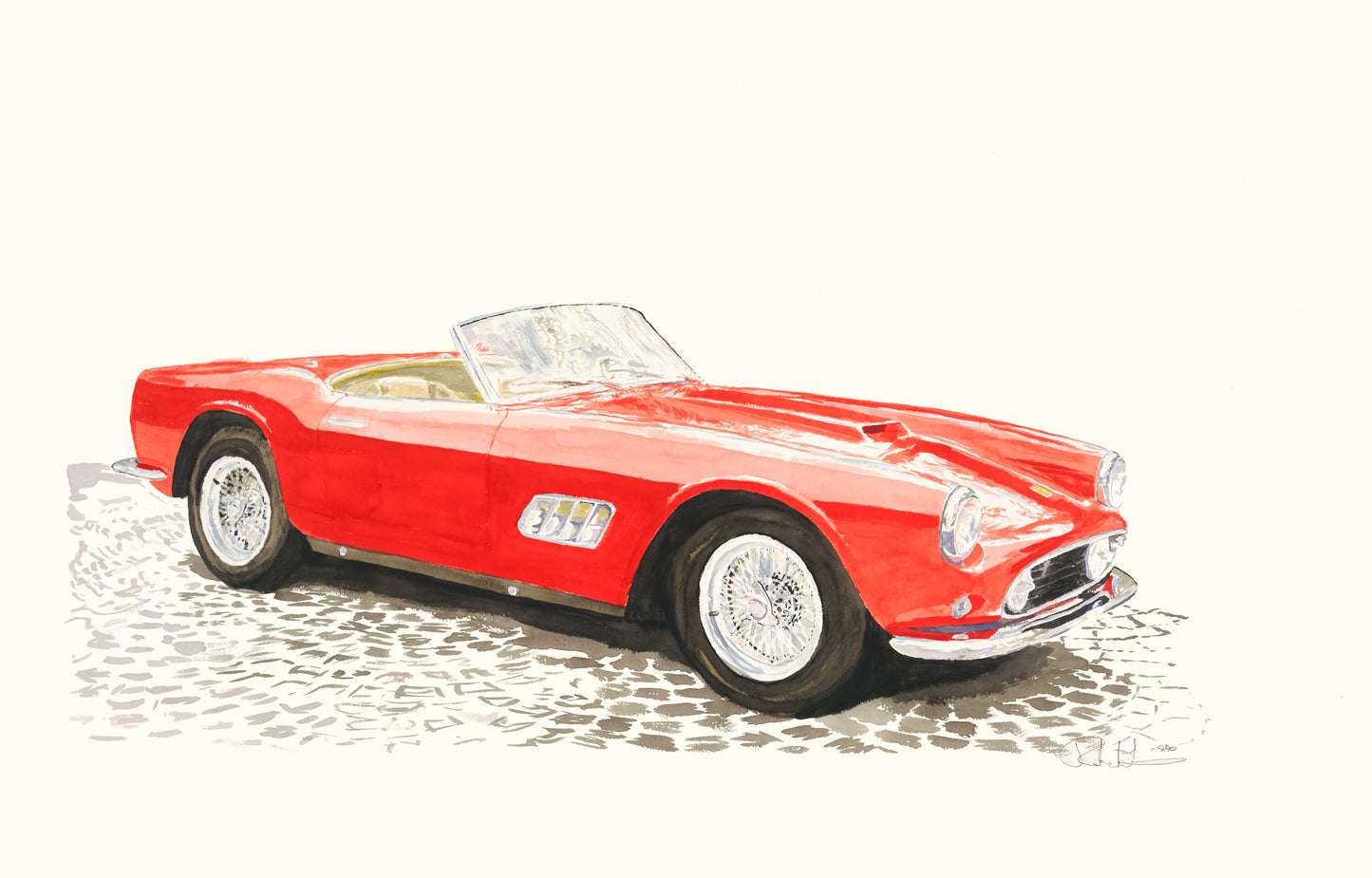 Watercolor painting of a red Ferrari 250 GT SWB California Spyder with wire wheels, open cockpit, and classic Scaglietti bodywork.