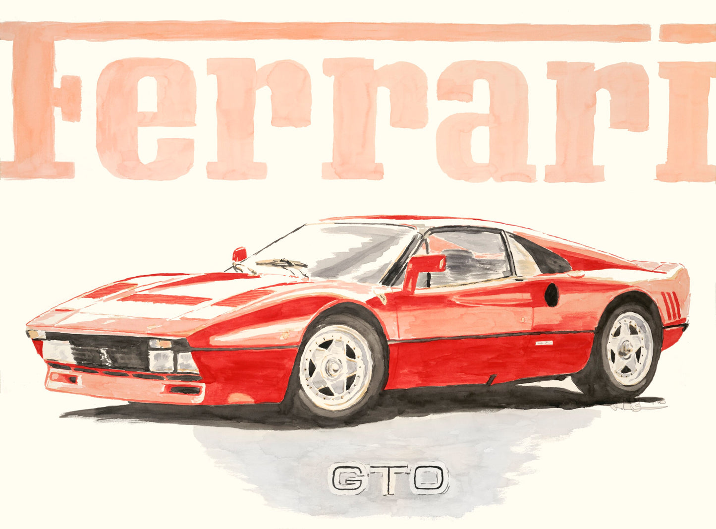 Watercolor painting of a red Ferrari 288 GTO in side profile, featuring rear vents, wide stance, and 1980s Italian supercar styling.