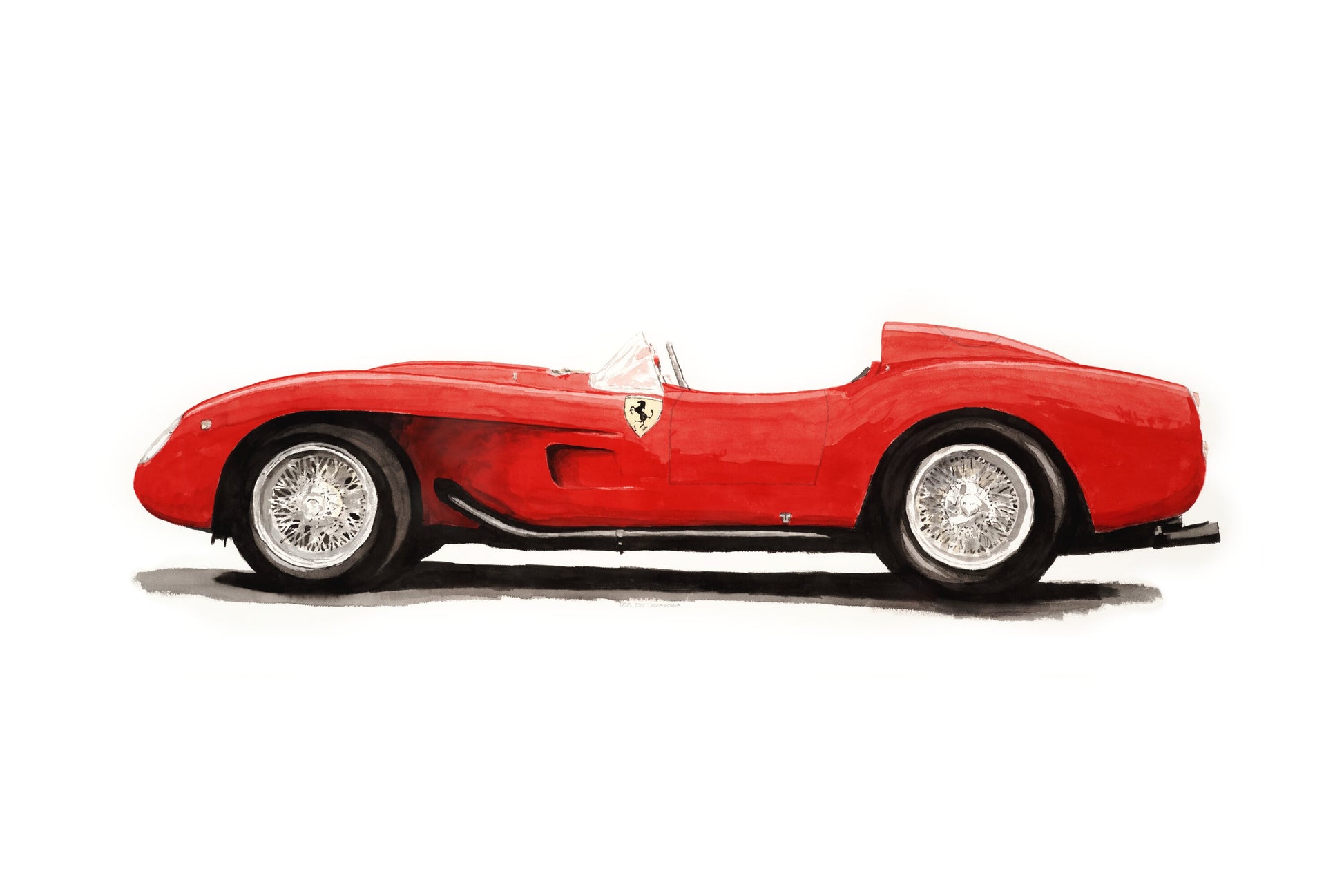 Watercolor painting of a red Ferrari 250 Testa Rossa, shown in side profile with wire wheels, open cockpit, side exhaust, and classic 1950s Italian racing form.