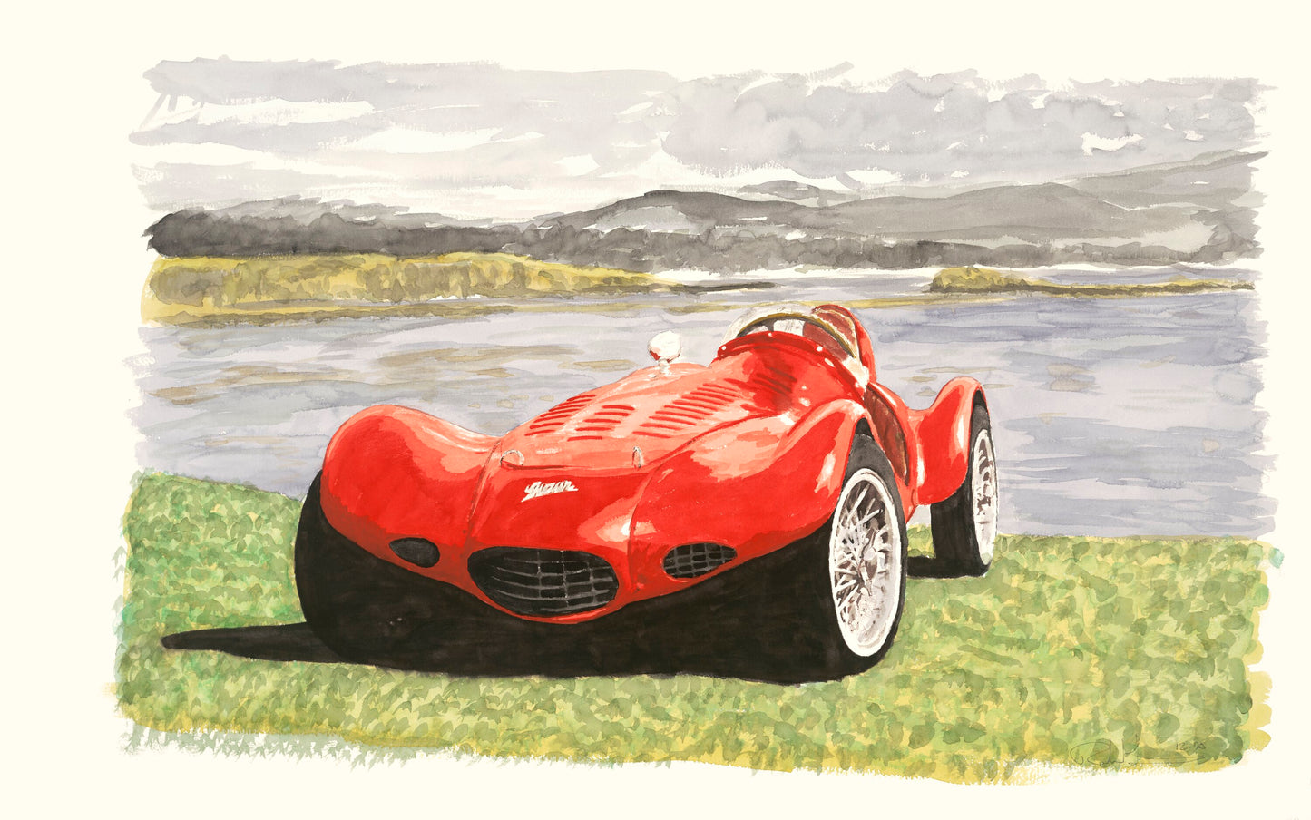 Watercolor painting of a red Giaur race car, shown lakeside with wire wheels, compact bodywork, and vintage Italian racing character.