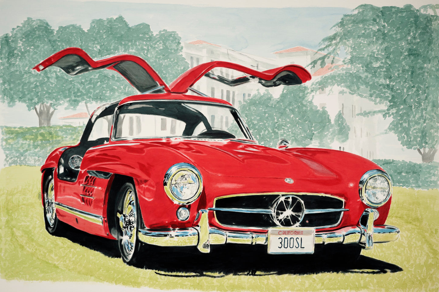Watercolor painting of a red Mercedes-Benz 300 SL Gullwing with both doors raised, chrome details, and classic German sports car styling.