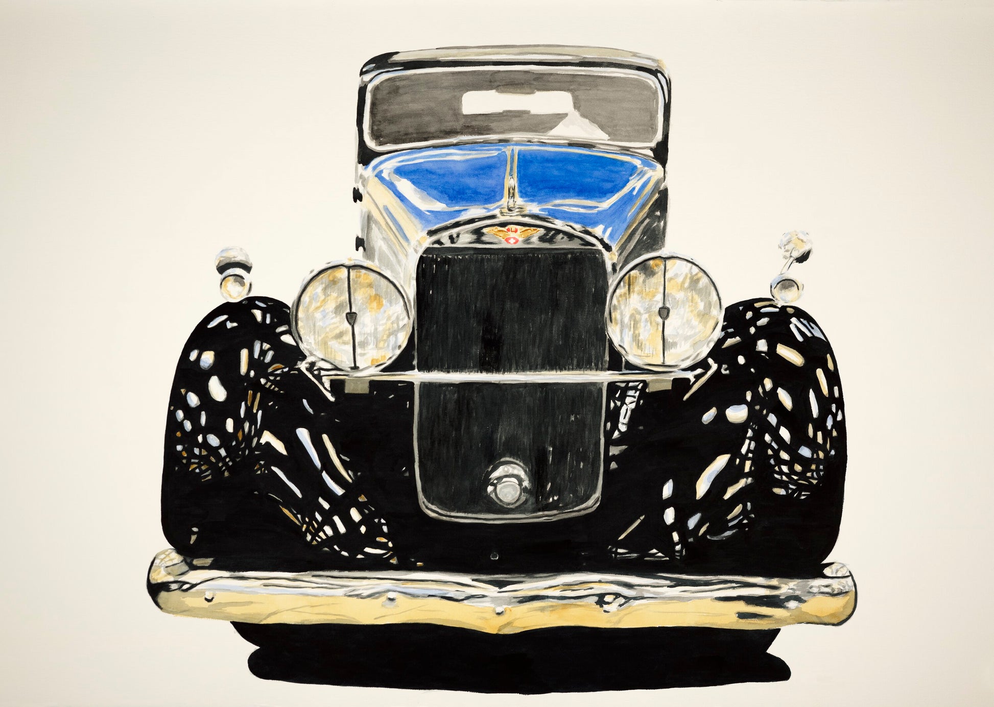Watercolor painting of a blue and black Hispano-Suiza H6B, shown from the front with upright grille, round headlights, and prewar luxury styling.