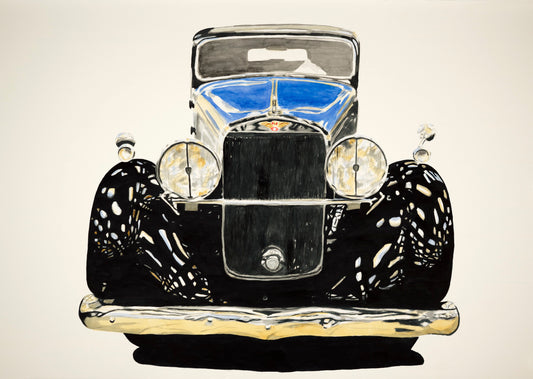 Watercolor painting of a blue and black Hispano-Suiza H6B, shown from the front with upright grille, round headlights, and prewar luxury styling.