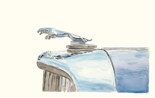 Watercolor painting of a Jaguar hood ornament, focusing on the chrome leaper mascot and blue bodywork.