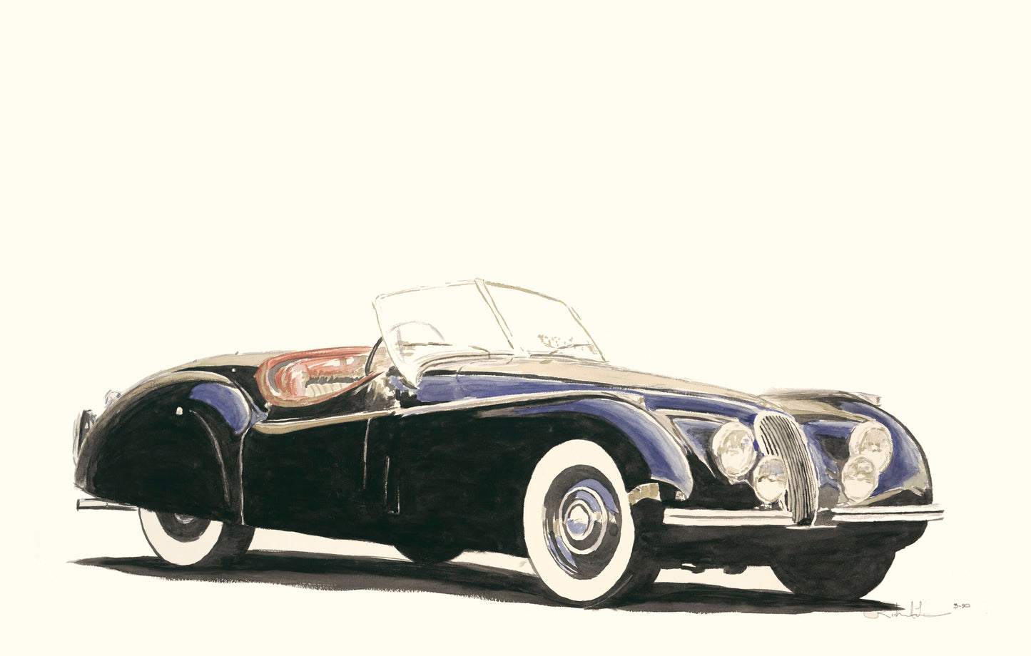 Watercolor painting of a black Jaguar XK120 Roadster with whitewall tires, chrome details, and classic British sports car styling.