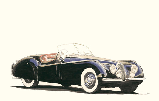 Watercolor painting of a black Jaguar XK120 Roadster with whitewall tires, chrome details, and classic British sports car styling.