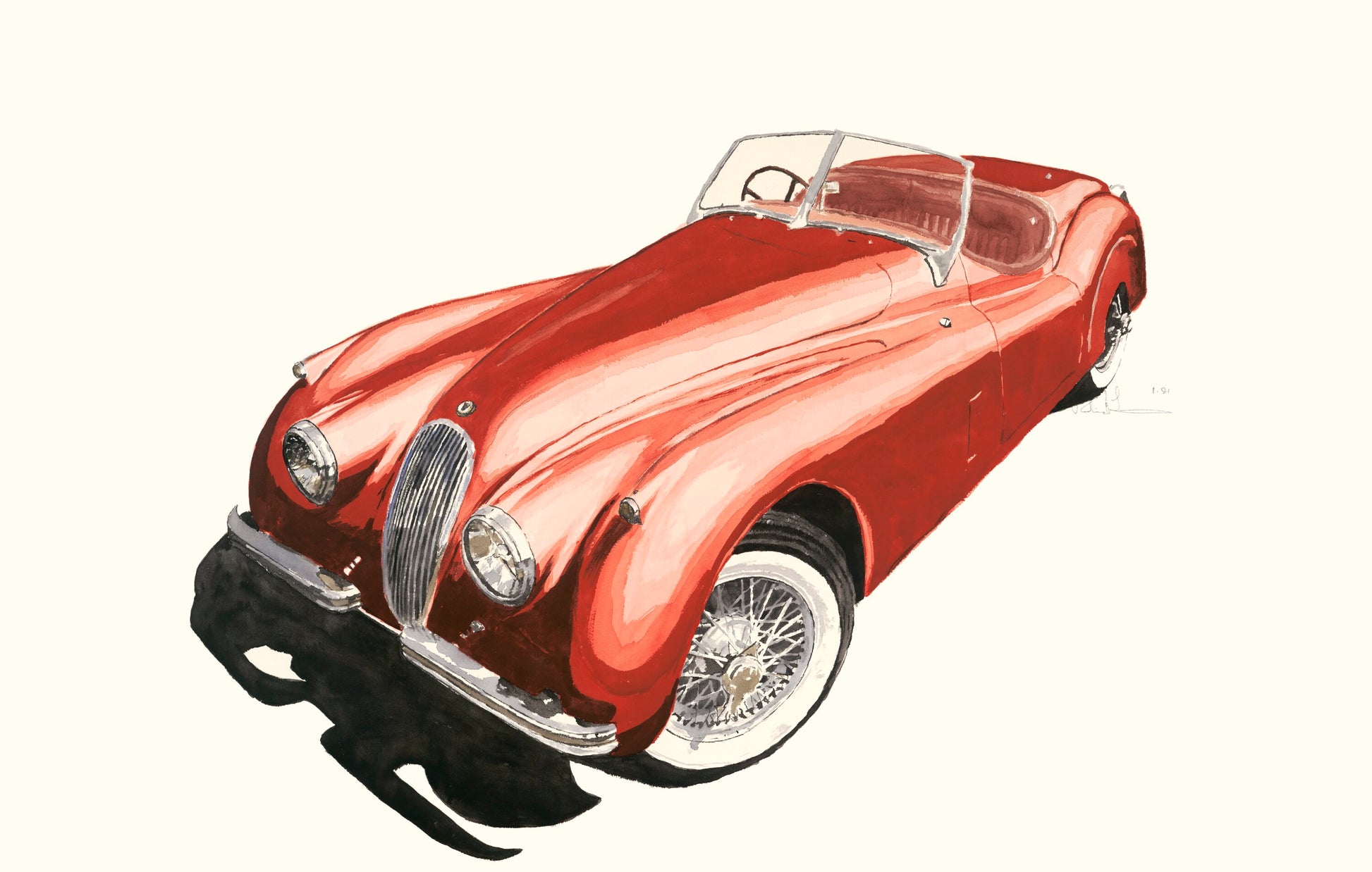 Watercolor painting of a red Jaguar XK120 Roadster with sweeping fenders, wire wheels, and classic British roadster proportions.