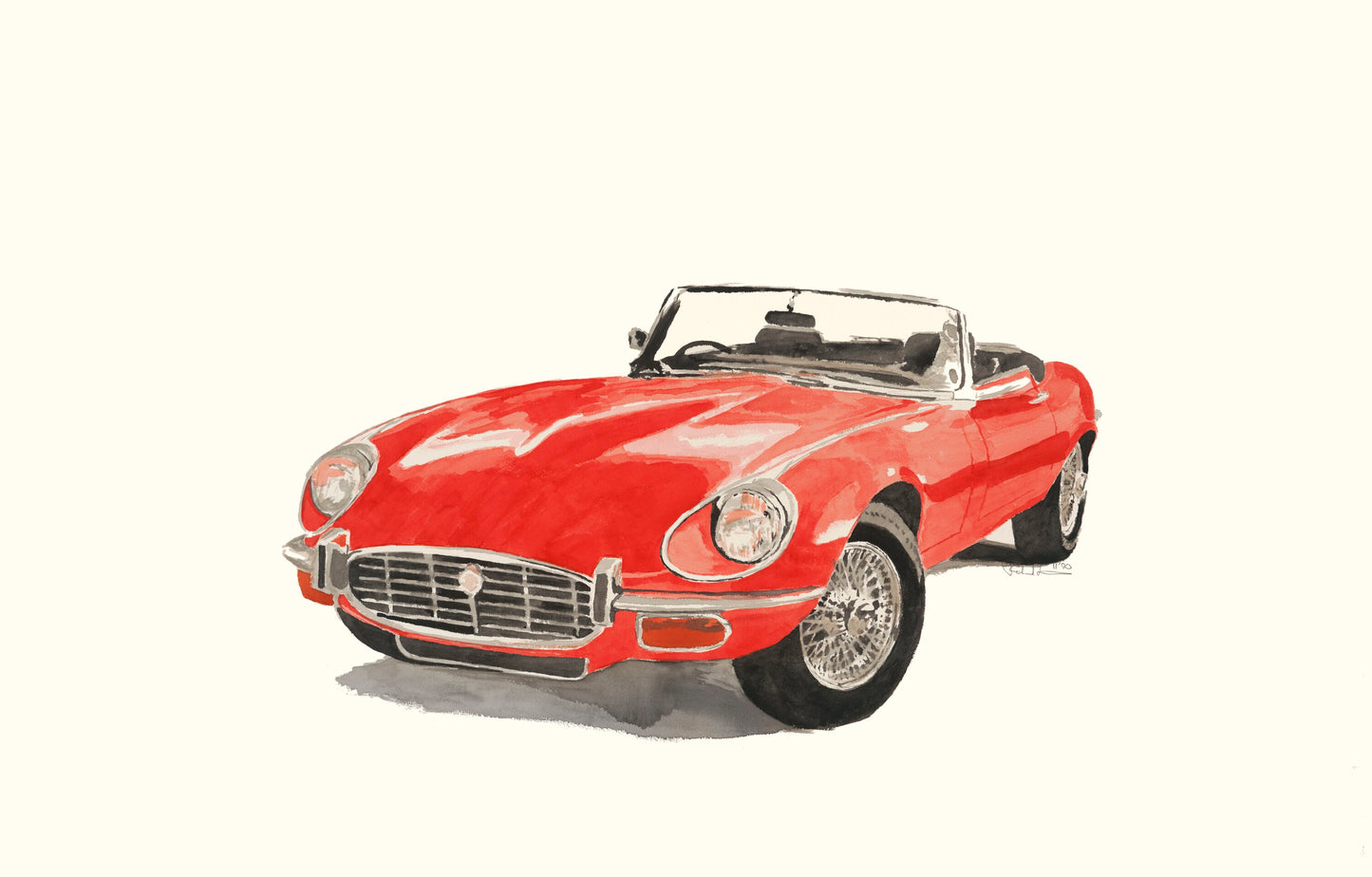 Watercolor painting of a red Jaguar E-Type / XKE with wire wheels, open cockpit, and classic British sports car styling.