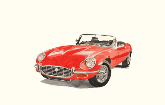 Watercolor painting of a red Jaguar E-Type / XKE with wire wheels, open cockpit, and classic British sports car styling.