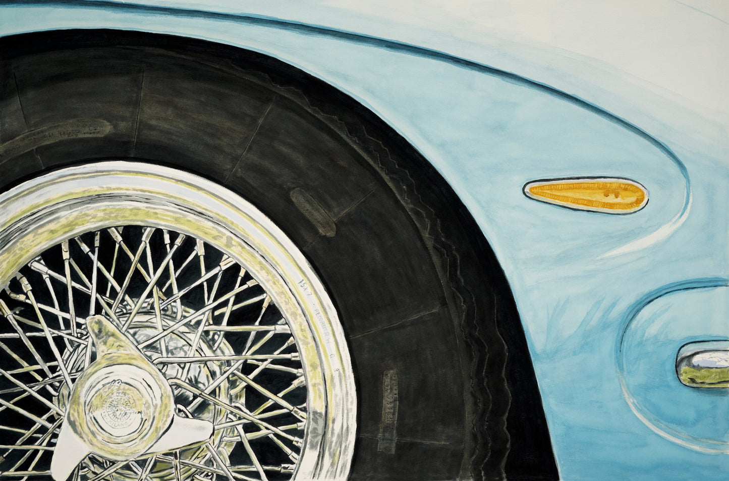 Close-up watercolor painting of a 1966 Lamborghini 350 GT wheel, fender, side marker, and light blue bodywork.