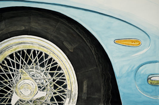 Close-up watercolor painting of a 1966 Lamborghini 350 GT wheel, fender, side marker, and light blue bodywork.