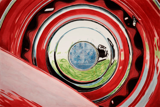 Watercolor painting of a Lincoln V12 spare tire and hubcap, with a 1930s Packard reflected in the chrome.
