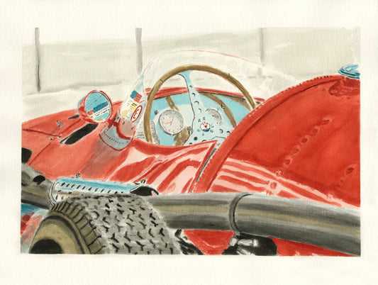 Watercolor painting of a 1955 Maserati 250F, focusing on the cockpit, steering wheel, tires, and red bodywork.