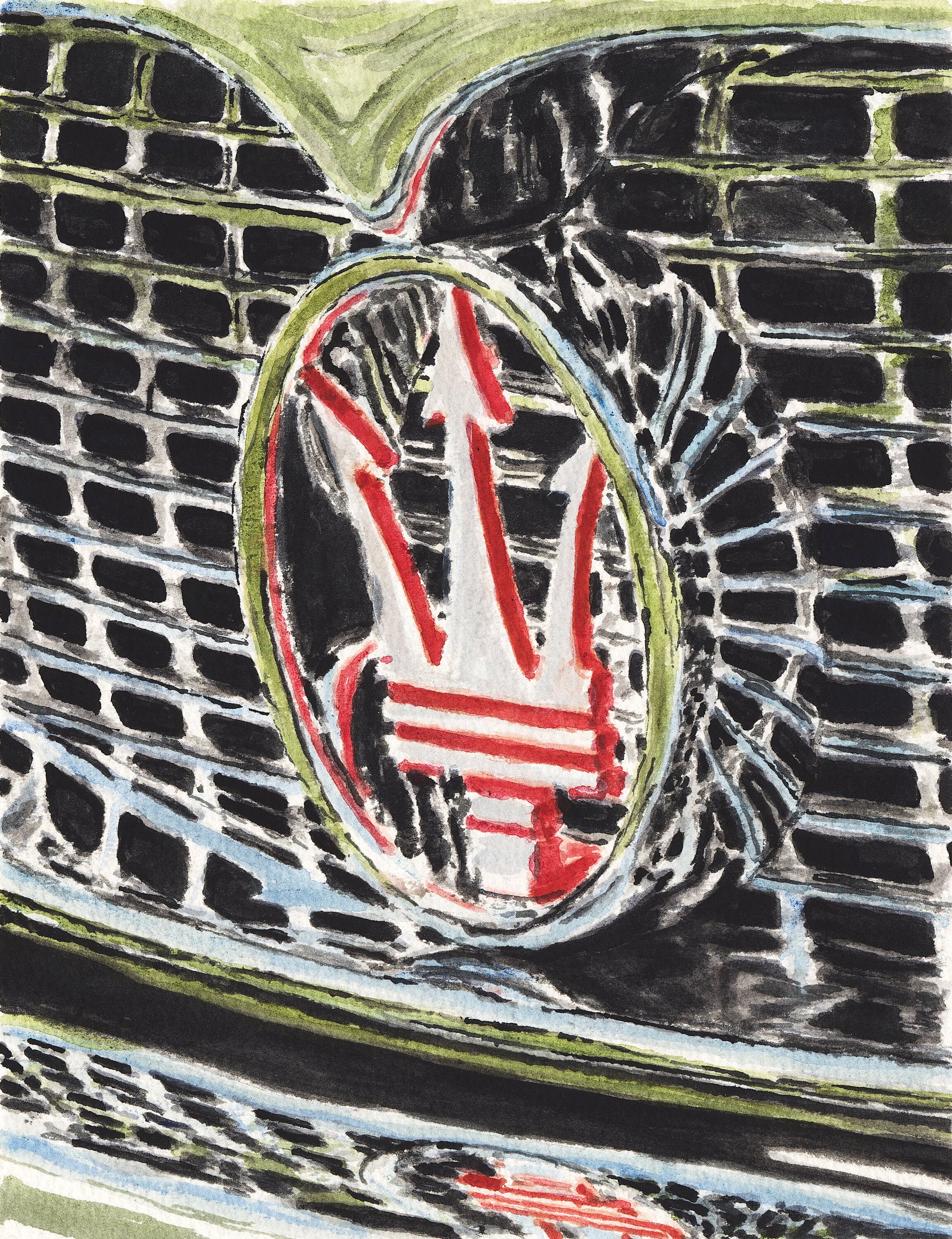 Close-up watercolor painting of a Maserati grille and trident badge, focusing on chrome reflections, mesh detail, and Italian automotive design.