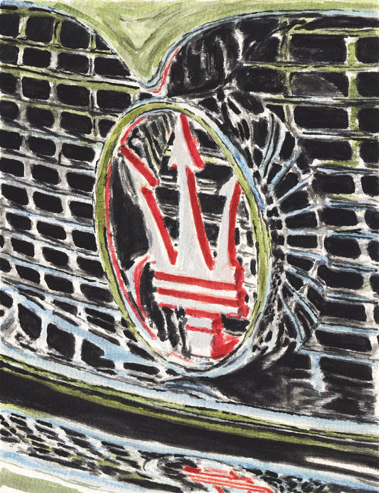 Close-up watercolor painting of a Maserati grille and trident badge, focusing on chrome reflections, mesh detail, and Italian automotive design.