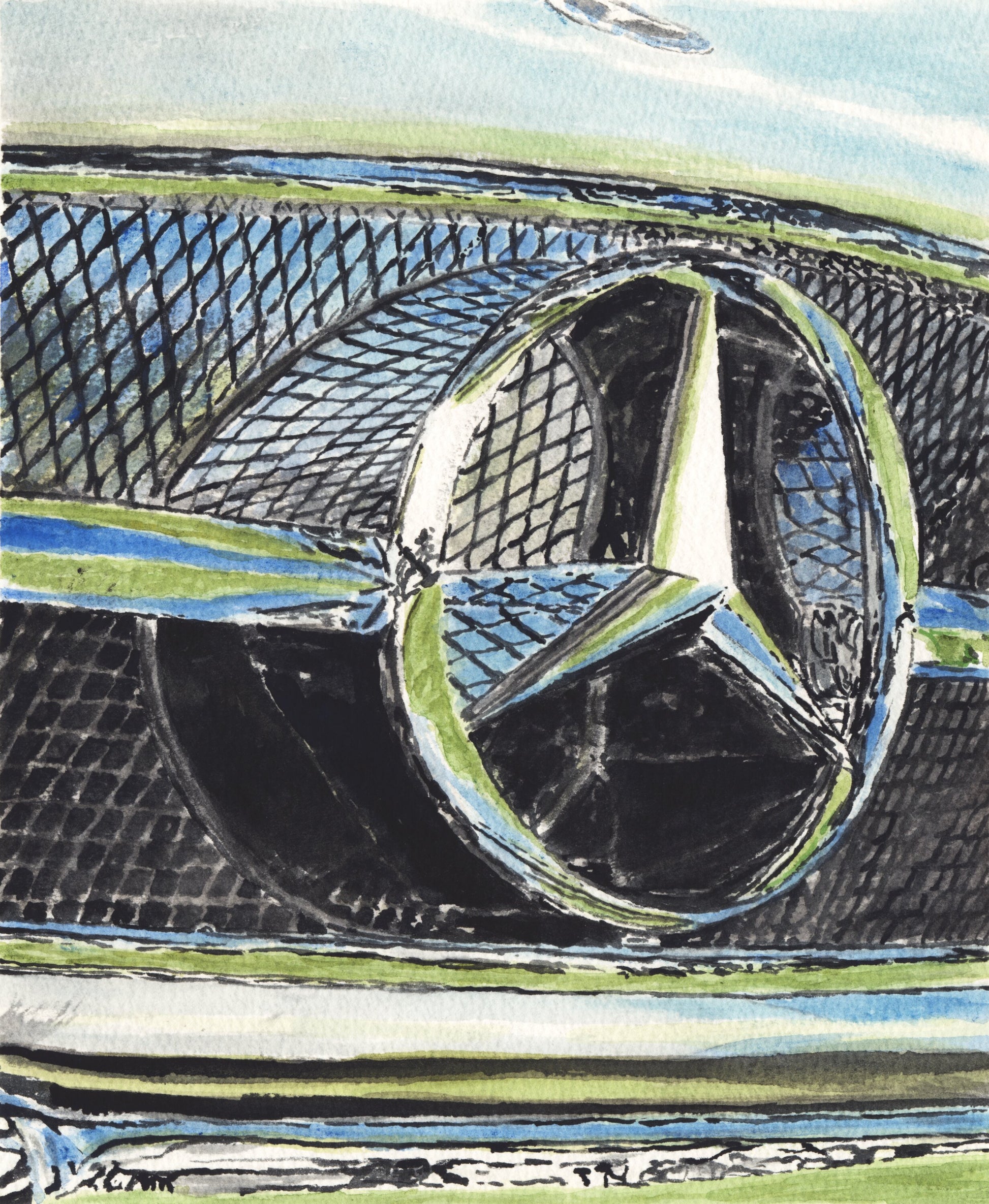 Close-up watercolor painting of a Mercedes-Benz grille and three-pointed star emblem with chrome reflections and mesh detail.