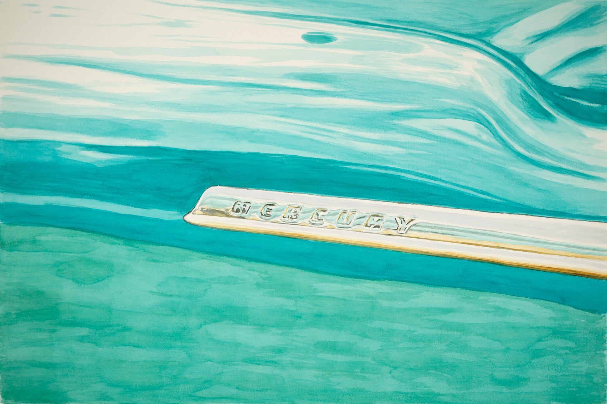 Close-up watercolor painting of a turquoise Mercury body emblem with script badge, flowing reflections, and mid-century American automotive detail.