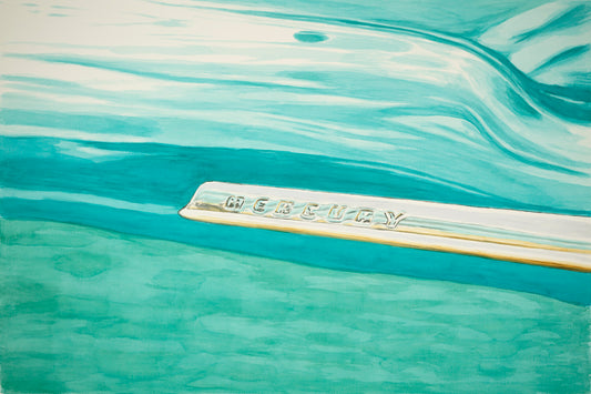 Close-up watercolor painting of a turquoise Mercury body emblem with script badge, flowing reflections, and mid-century American automotive detail.