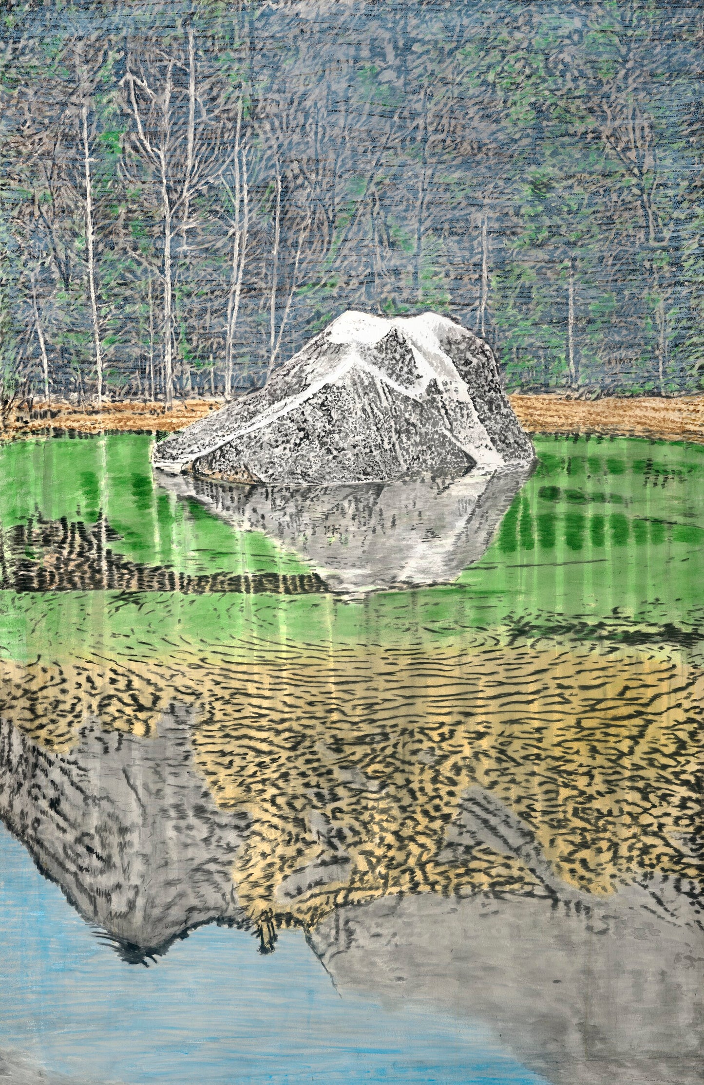 Watercolor painting of a boulder reflected in Mirror Lake below Half Dome in Yosemite, surrounded by trees and rippling water.