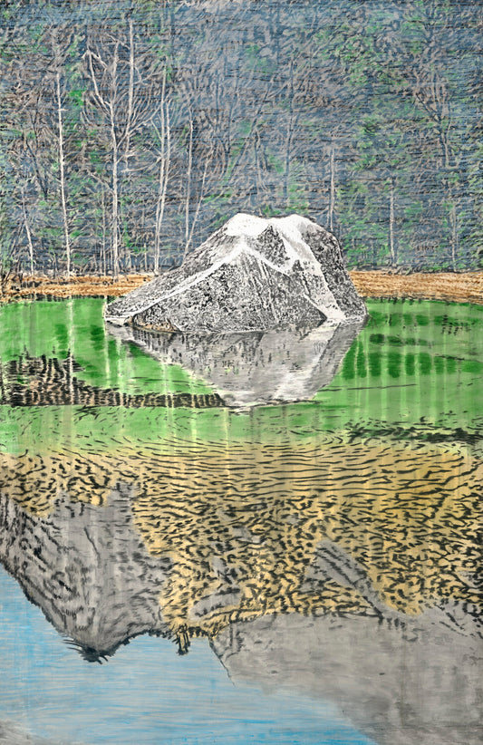 Watercolor painting of a boulder reflected in Mirror Lake below Half Dome in Yosemite, surrounded by trees and rippling water.