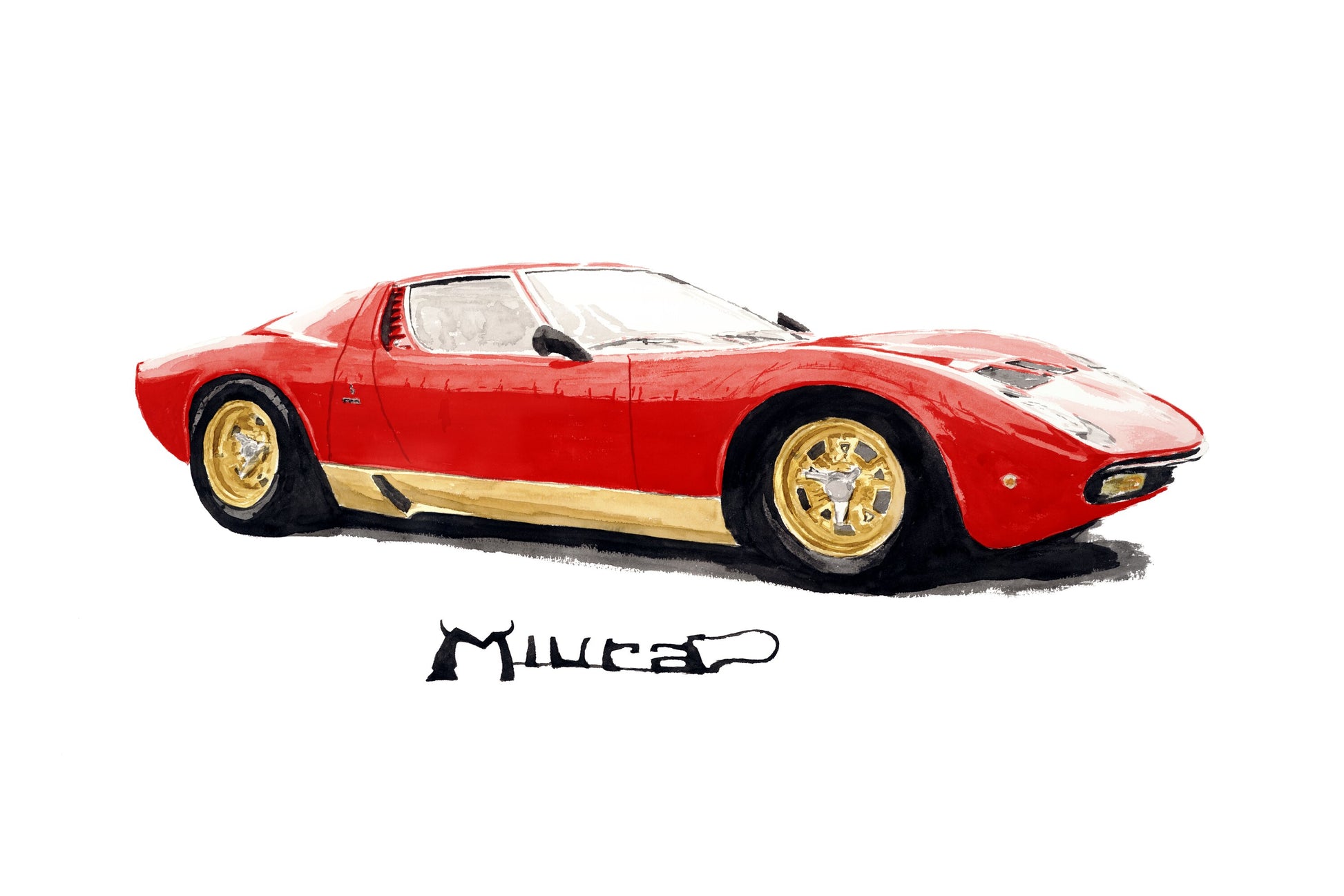Watercolor painting of a red Lamborghini Miura P400, shown in side profile with gold wheels and classic Italian supercar styling.