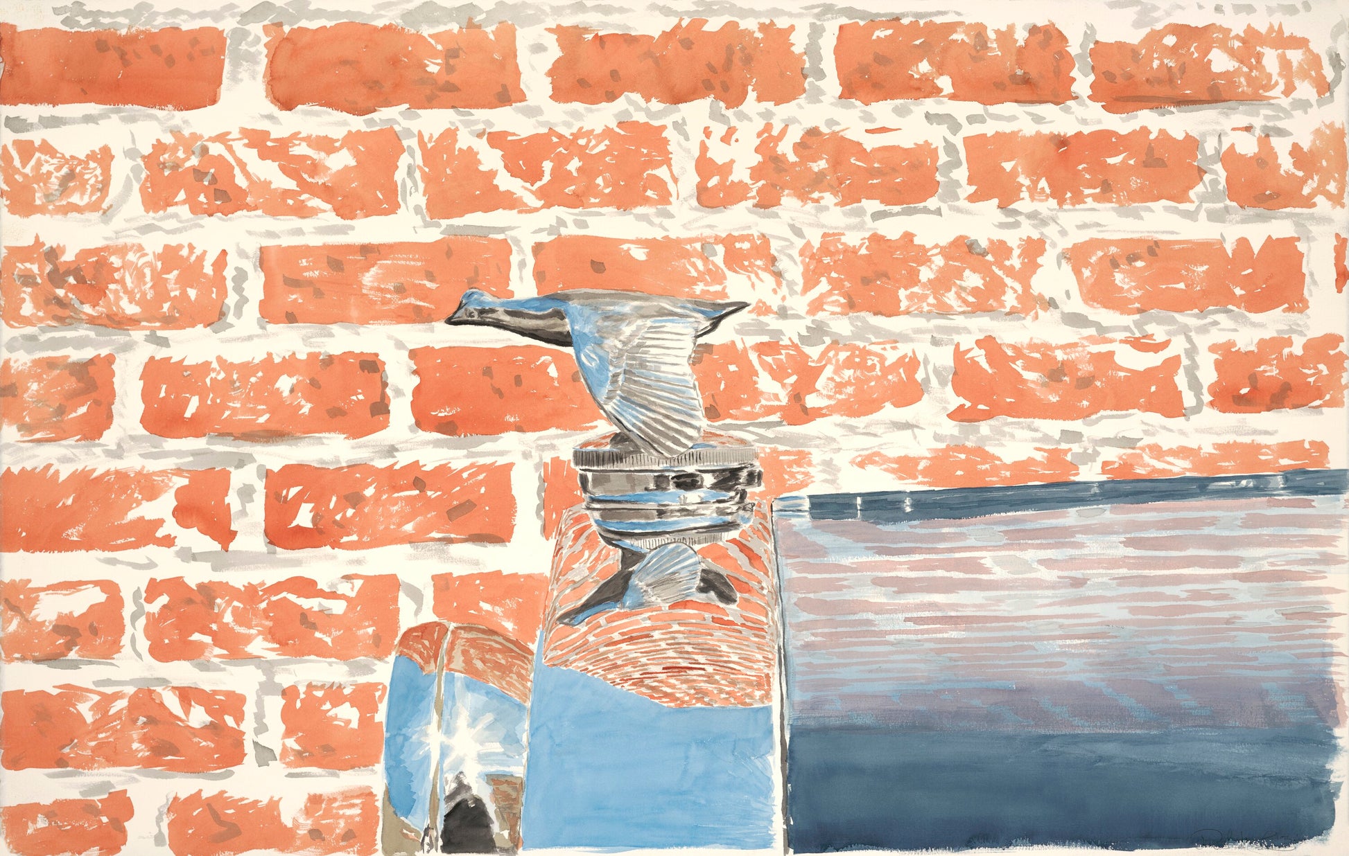 Watercolor painting of the quail hood ornament of a Ford Model A, with a brick building reflected in the polished chrome.