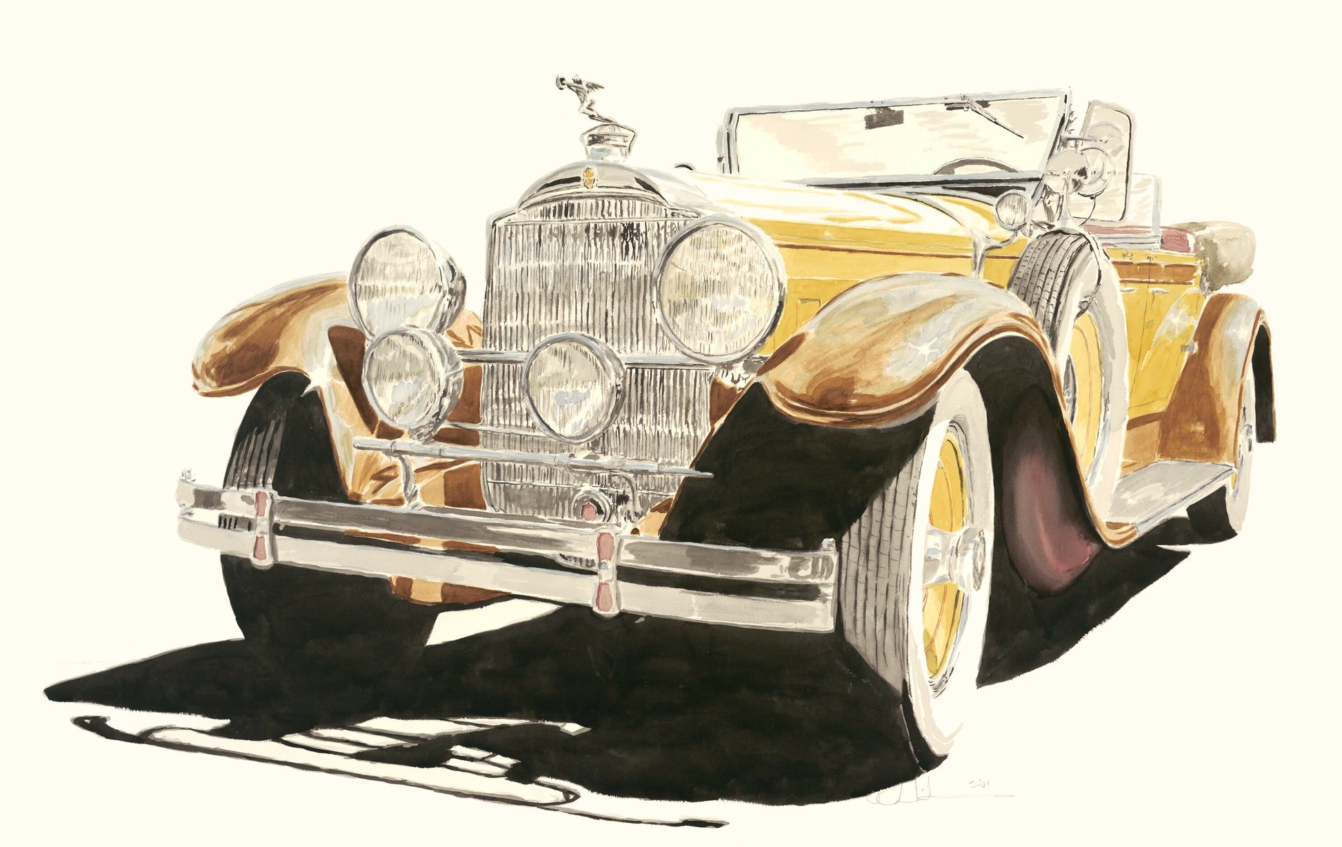 Watercolor painting of a Packard Twelve, shown from the front with whitewall tires, chrome grille, hood ornament, and classic American luxury styling.