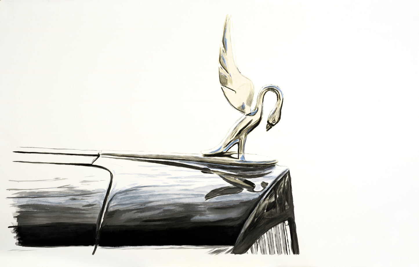 Watercolor painting of a Packard cormorant hood ornament, focusing on the chrome bird mascot and streamlined hood detail.