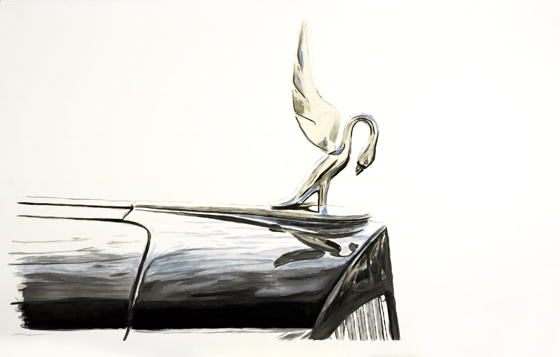 Watercolor painting of a Packard cormorant hood ornament, focusing on the chrome bird mascot and streamlined hood detail.
