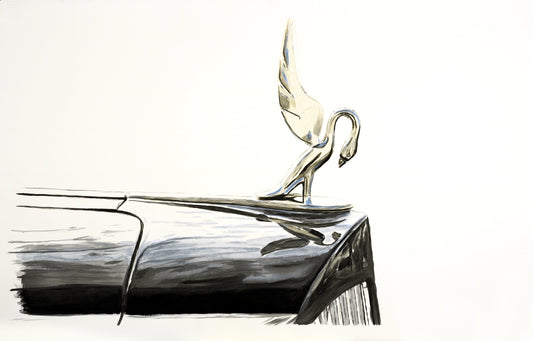Watercolor painting of a Packard cormorant hood ornament, focusing on the chrome bird mascot and streamlined hood detail.