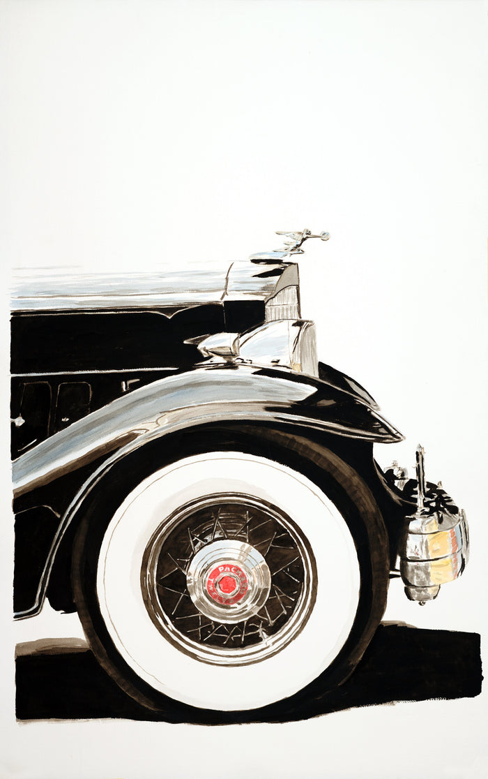 Watercolor painting of the hood ornament and front detail of a Packard Twelve, with chrome detail and a minimal background.