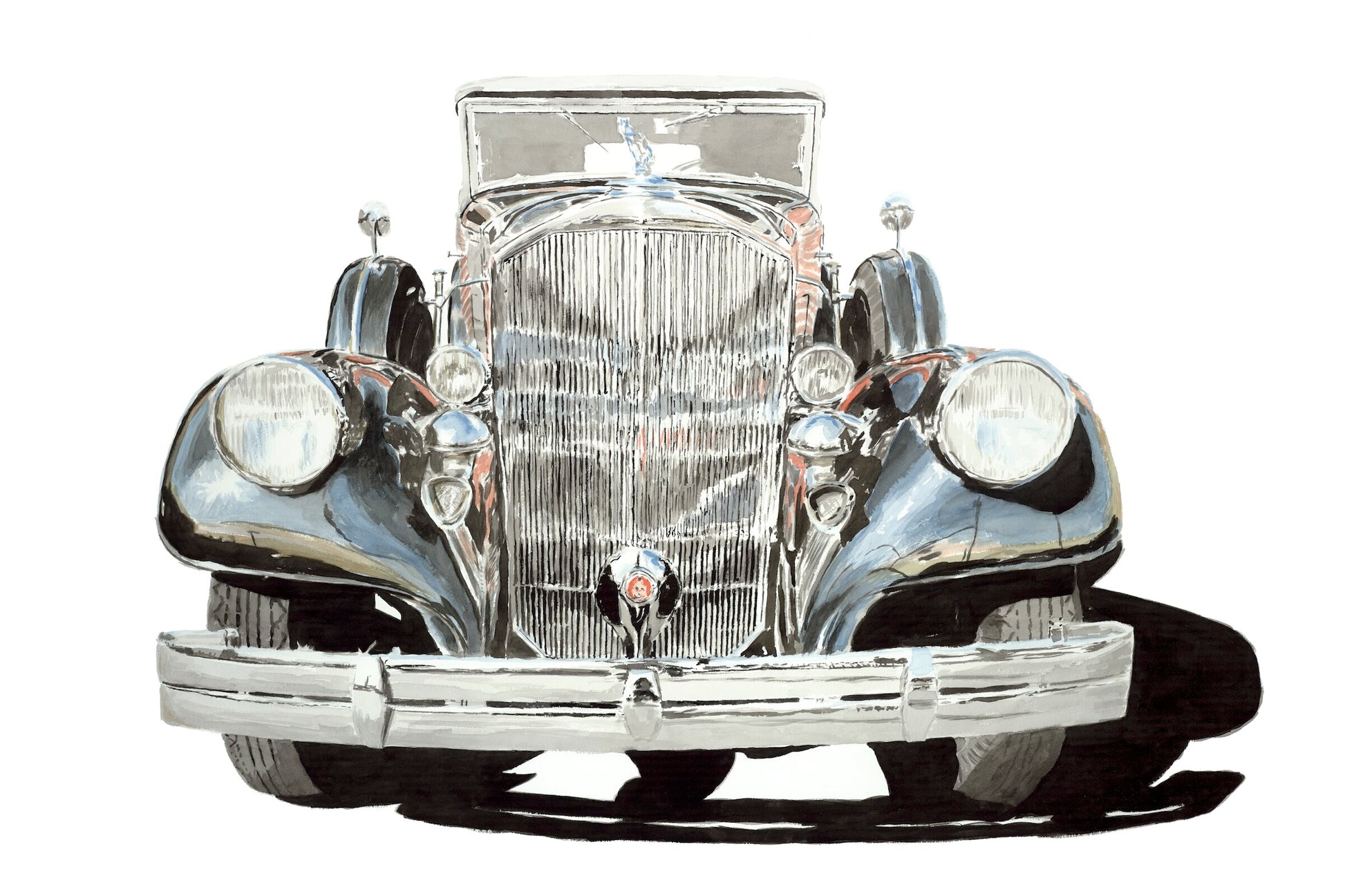 Watercolor painting of a Pierce-Arrow grille and front end, featuring chrome detail and classic American styling.