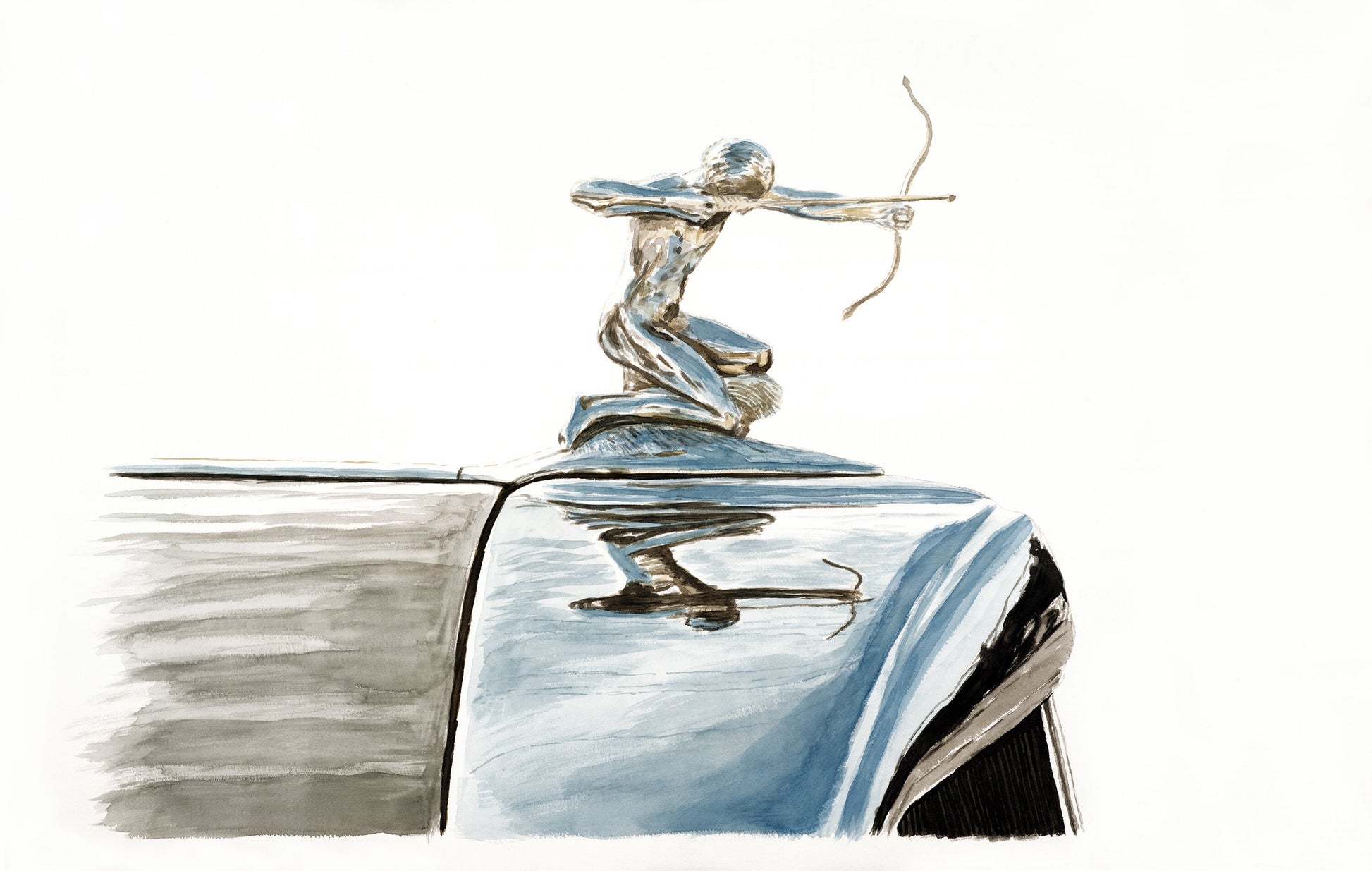 Watercolor painting of a Pierce-Arrow archer hood ornament, shown in chrome above the hood with a minimal white background.