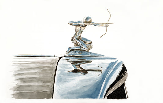 Watercolor painting of a Pierce-Arrow archer hood ornament, shown in chrome above the hood with a minimal white background.