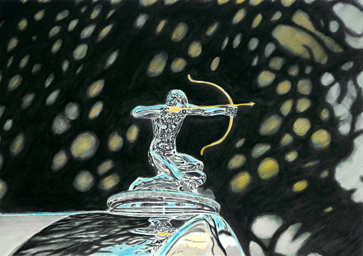 Watercolor painting of a Pierce-Arrow archer hood ornament, shown in chrome against a dark, softly patterned background.