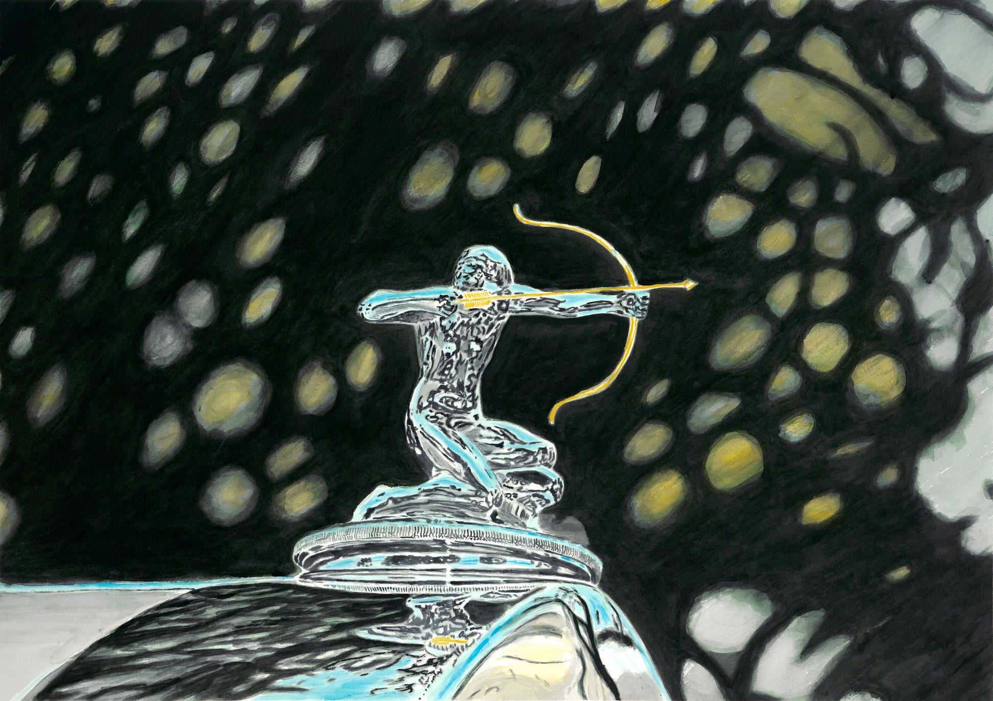 Watercolor painting of a Pierce-Arrow archer hood ornament, shown in chrome against a dark, softly patterned background.