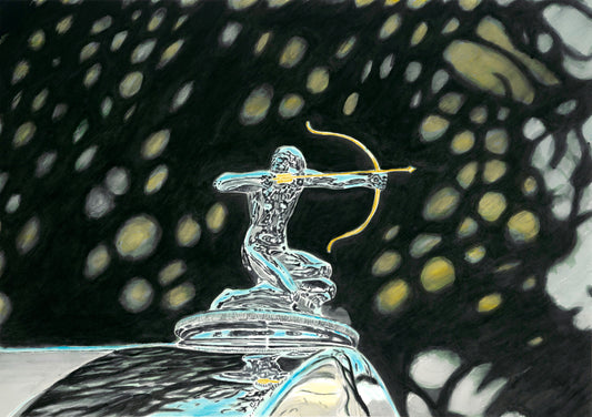 Watercolor painting of a Pierce-Arrow archer hood ornament, shown in chrome against a dark, softly patterned background.