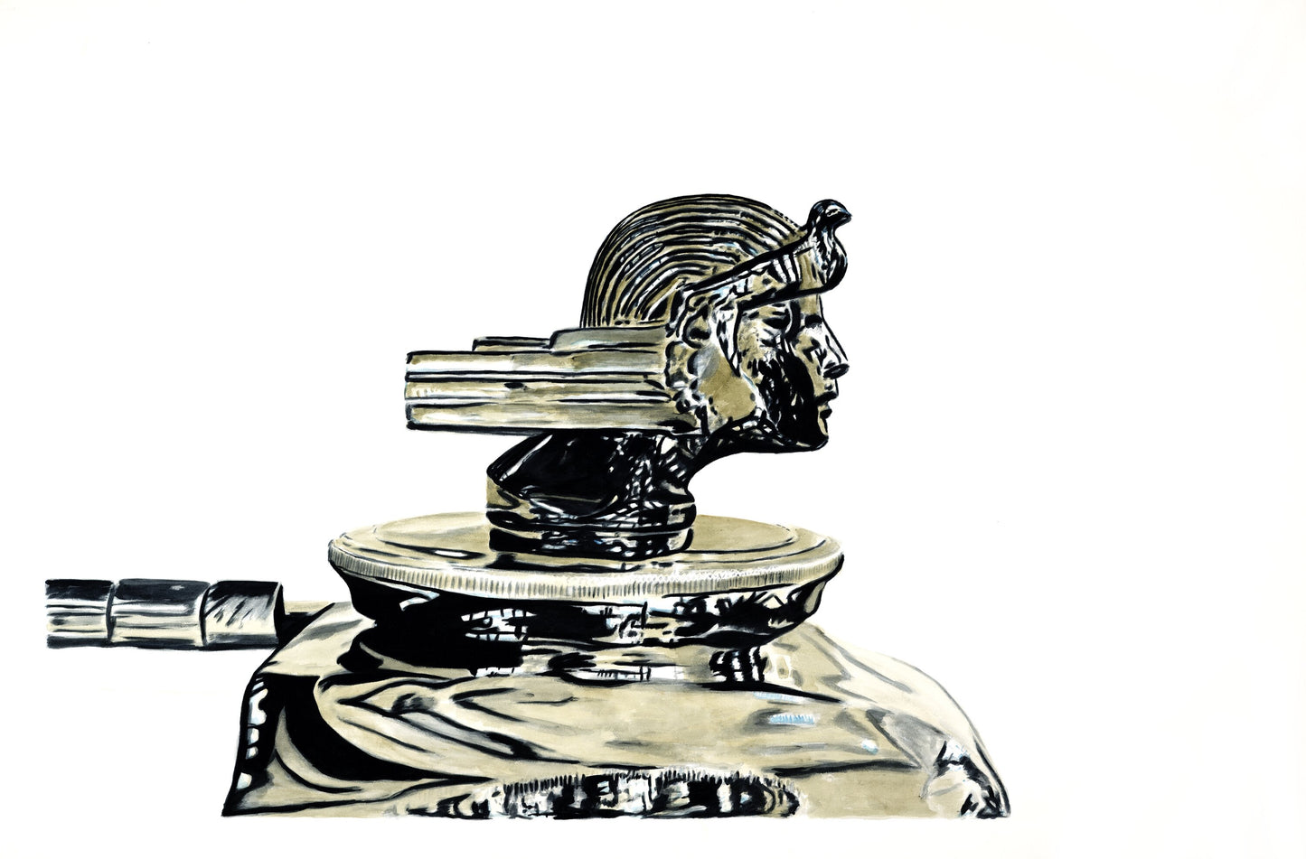 Watercolor painting of the Stutz Ra hood ornament, featuring the Art Deco mascot above polished chrome and pale blue bodywork.