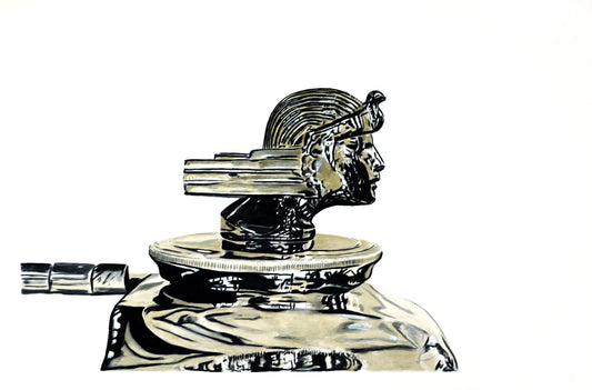 Watercolor painting of the Stutz Ra hood ornament, featuring the Art Deco mascot above polished chrome and pale blue bodywork.