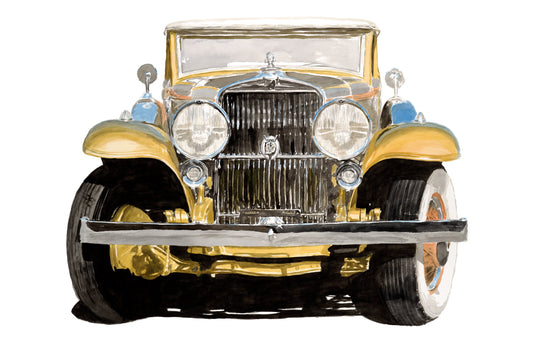Watercolor painting of a yellow and black Stutz, shown from the front with chrome grille, round headlights, and classic American luxury styling.
