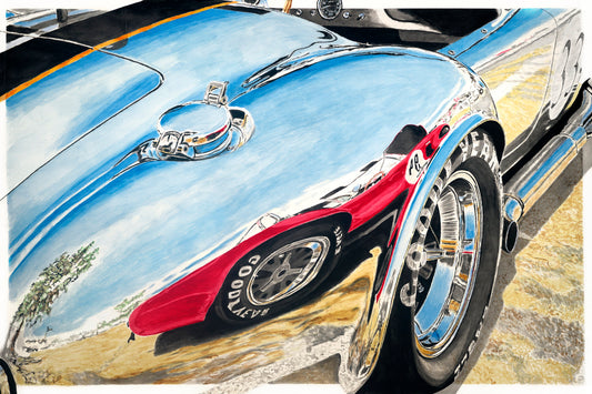 Watercolor painting of a red AC Cobra reflected in the chrome bodywork of another AC Cobra.