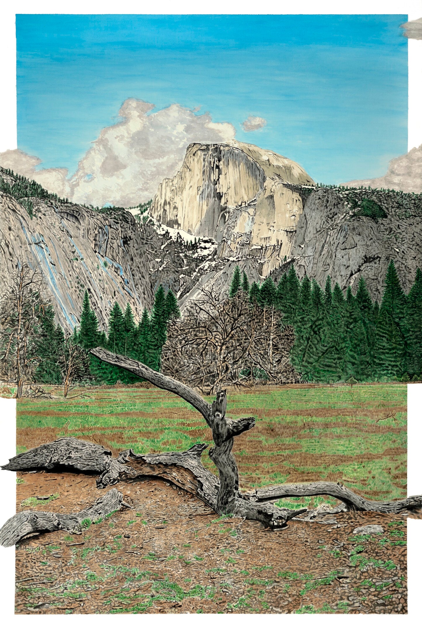 Watercolor painting of Half Dome in Yosemite, framed by trees, clouds, and fallen branches.